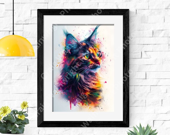 Maine Coon Cat Colorful Watercolor Splash Portrait Art Poster