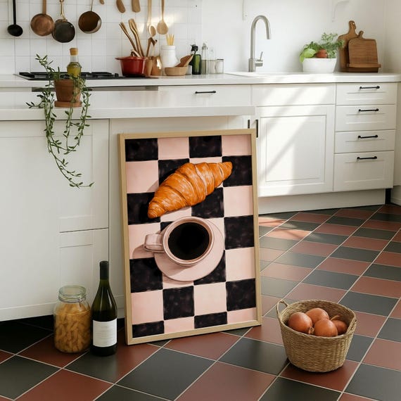 Coffee Poster Breakfast Illustration Croissant And Still Life Modern Minimalist Kitchen Wall Art Bistro Print