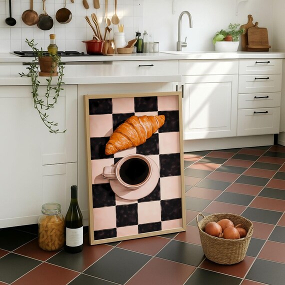 Croissant Coffee Checkerboard Poster Pink Black Retro Kitchen Breakfast Decor