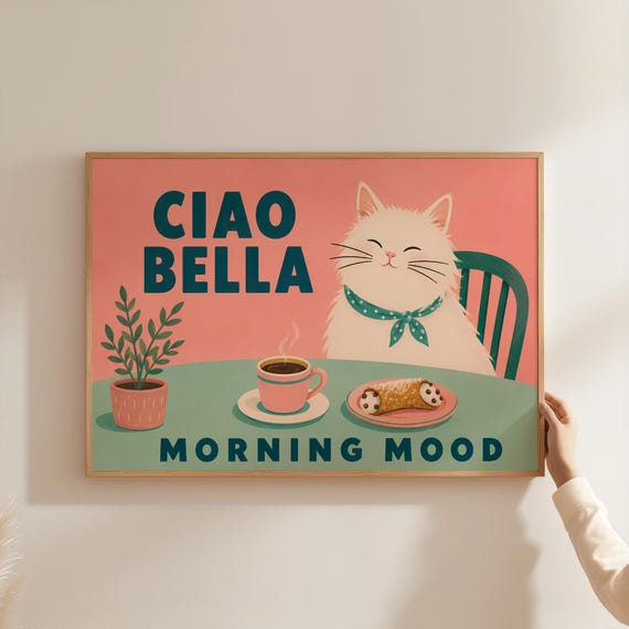 Dopamine Decor White Cat Poster Italian Pastry Coffee Lover Gift Cute Preppy Aesthetic Apartment Wall Art Whimsical Animal Print