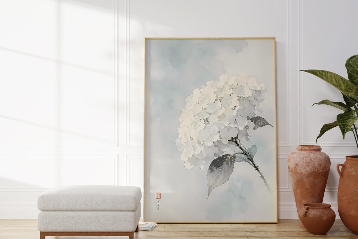 White Hydrangea Blossom Asian Ink Watercolor Botanical Poster