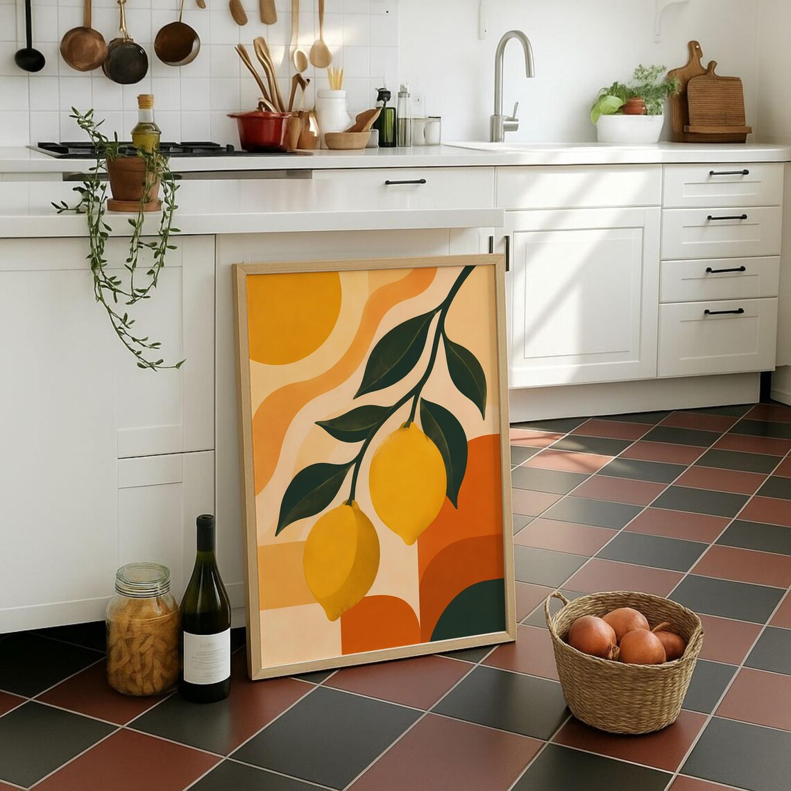 Abstract Lemon Branch Poster, Mid-Century Modern