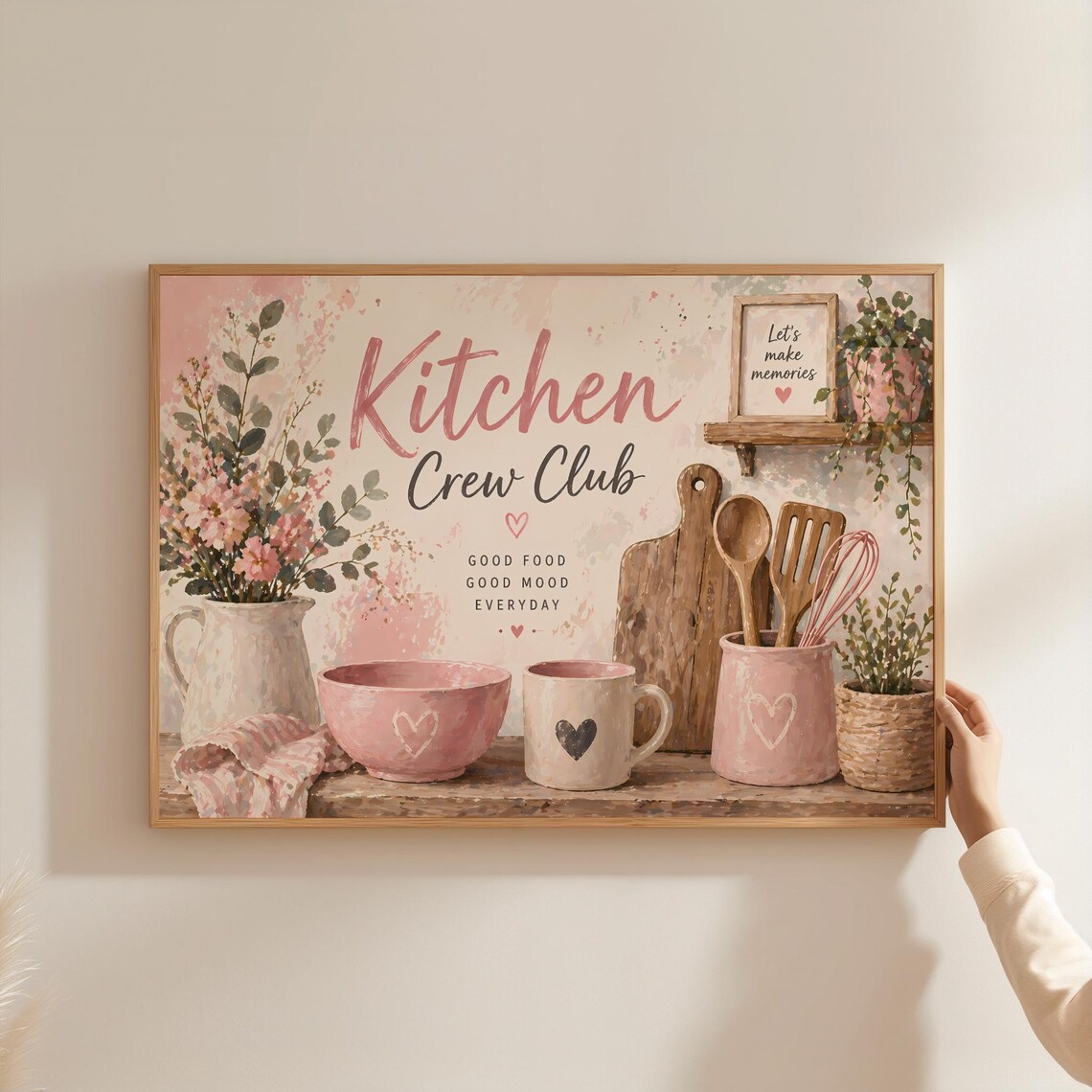 Kitchen Crew Club Good Food Good Mood Pink Farmhouse Sign Poster