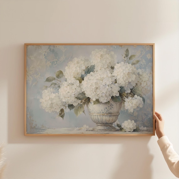 White Hydrangea Stone Vase Shabby Chic Blue Floral Painting Poster