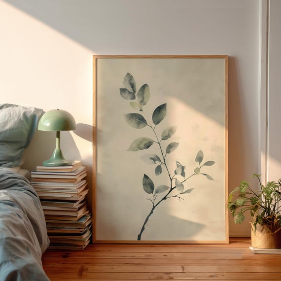 Digital Download Sage Green Botanical Art Watercolor Leaves Branch Printable Minimalist Leaf Print File Neutral Wall Decor