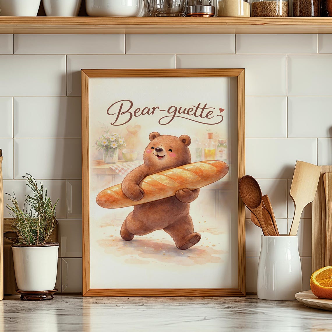 Cute Bear Bread Printable Bearguette Download Funny Bakery Wall Art Kitchen Decor Digital