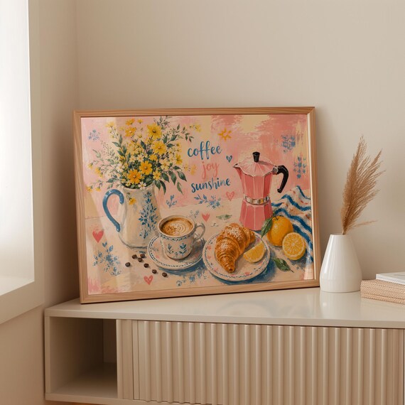Coffee Joy Sunshine Pink Moka Pot Croissant Watercolor Kitchen Poster