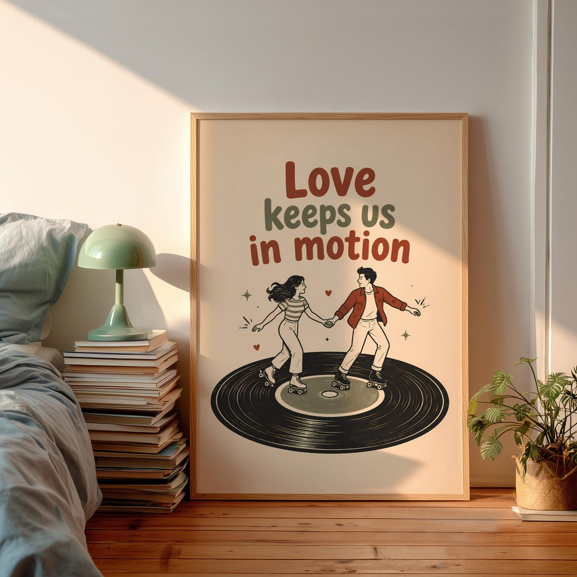 Love Keeps Us in Motion Roller Skating Couple Vinyl Record Poster