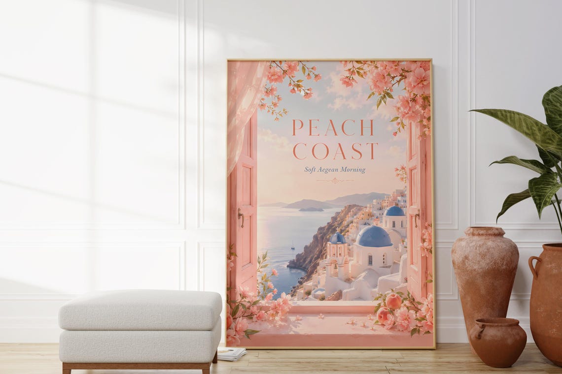 Peach Coast Soft Aegean Morning Santorini Window View Poster