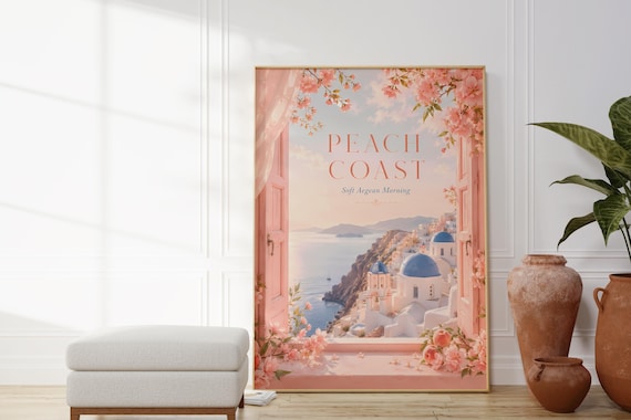Peach Coast Soft Aegean Morning Santorini Window View Poster