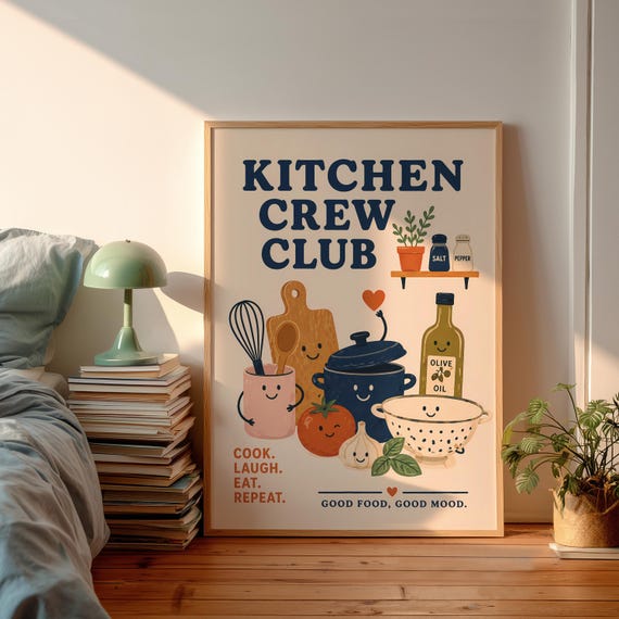 Kitchen Crew Club Poster Funny Wall Art Cute Retro Cooking Print Foodie Gift Idea Mid Century Modern Decor