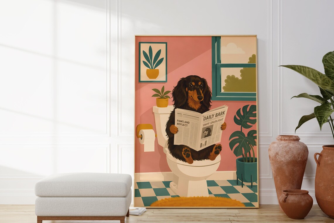 Retro Pink Bathroom Sausage Dog Humorous Poster