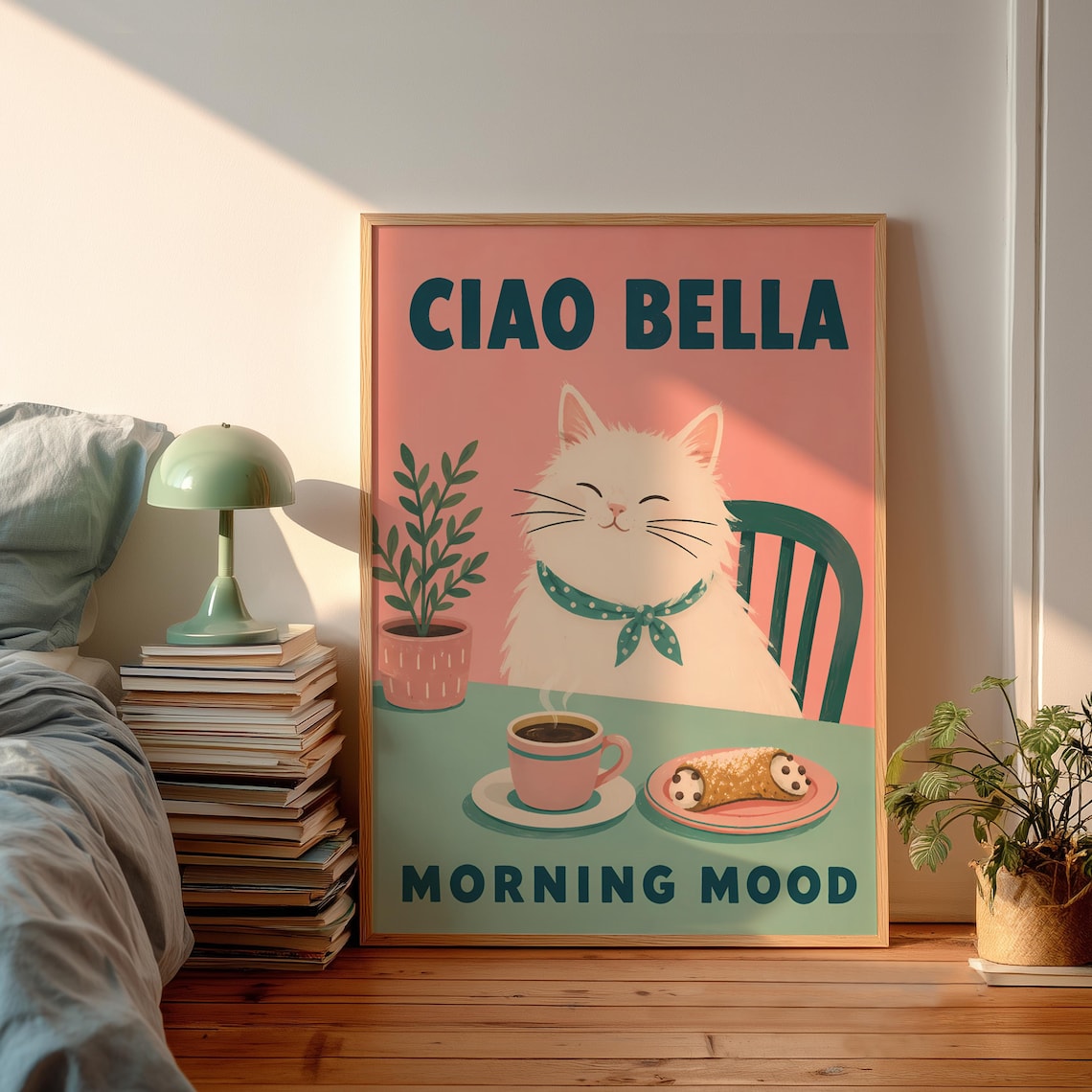 Ciao Bella Sunny Morning Mood Happy White Cat Coffee Art Poster