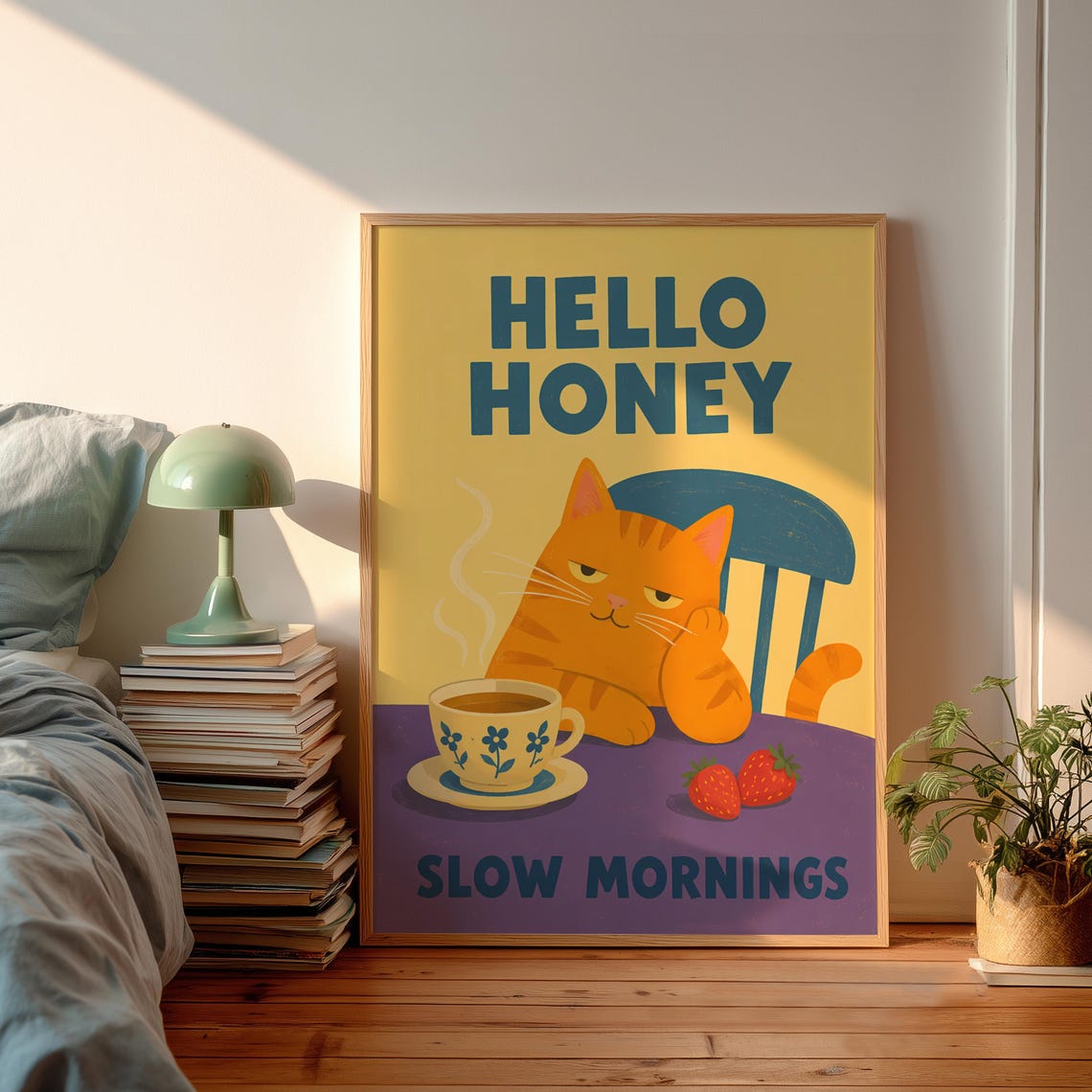 Dopamine Decor Sleepy Cat Poster Funny Orange Tabby Illustration Aesthetic Apartment Room Wall Art Tea Lover Gift