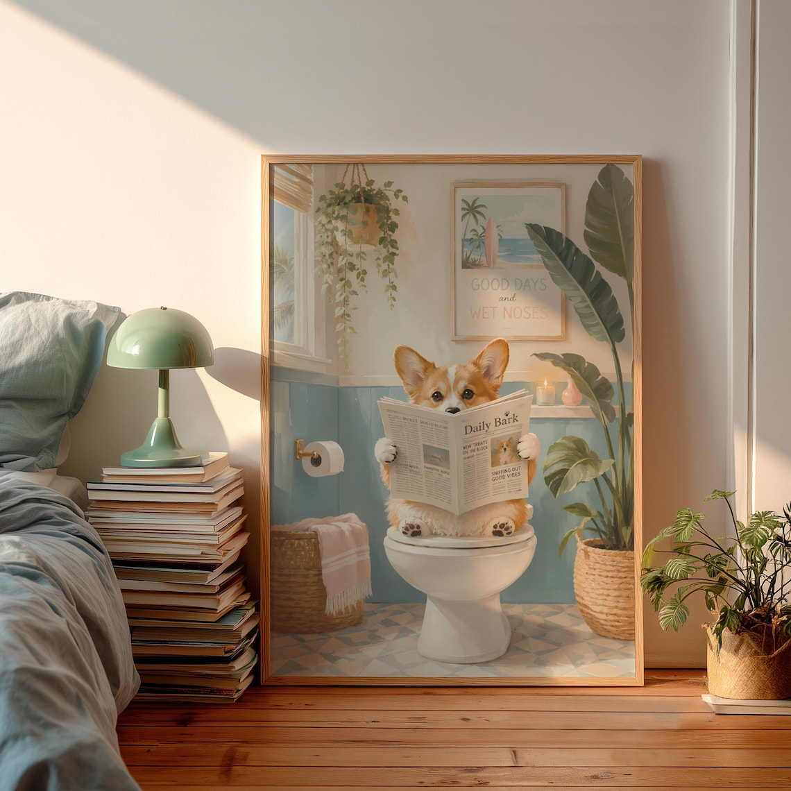Corgi Reading Newspaper On Toilet Funny Bathroom Dog Art Poster
