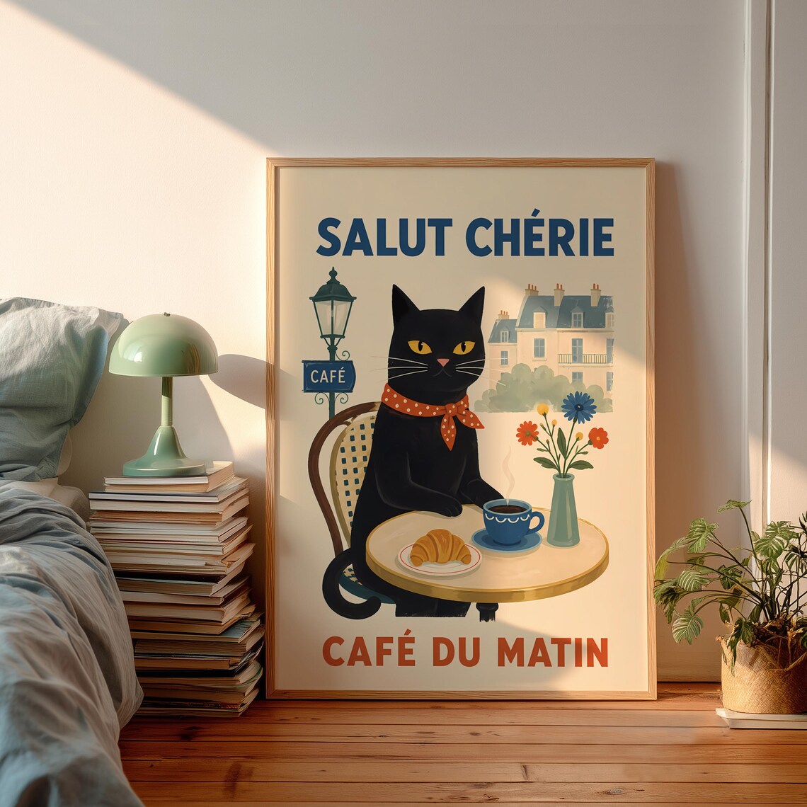 Salut Cherie Black Cat Parisian Cafe French Quote Vintage Poster