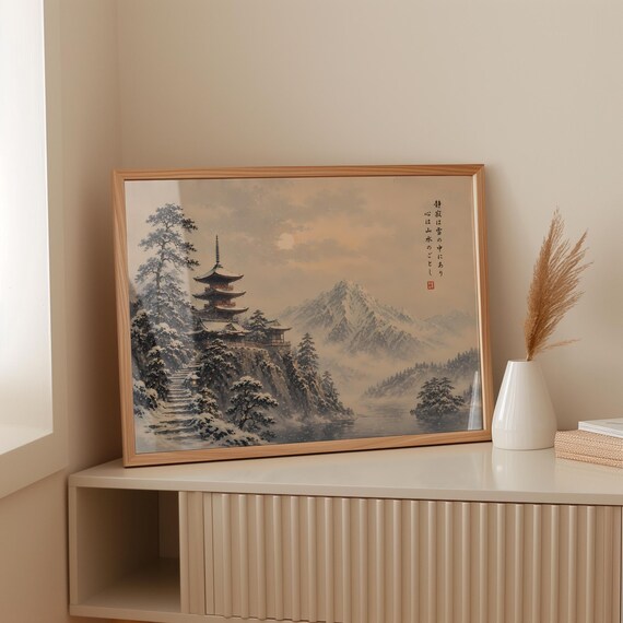 Printable Japandi Winter Landscape Snow Covered Pagoda Download Zen Japanese Calligraphy Poster Pdf