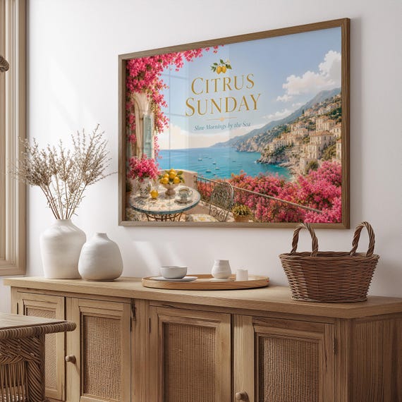 Citrus Sunday Amalfi Coast Poster Mediterranean Lemon Balcony Print Italian Riviera Coastal Wall Art Bougainvillea Summer Decor