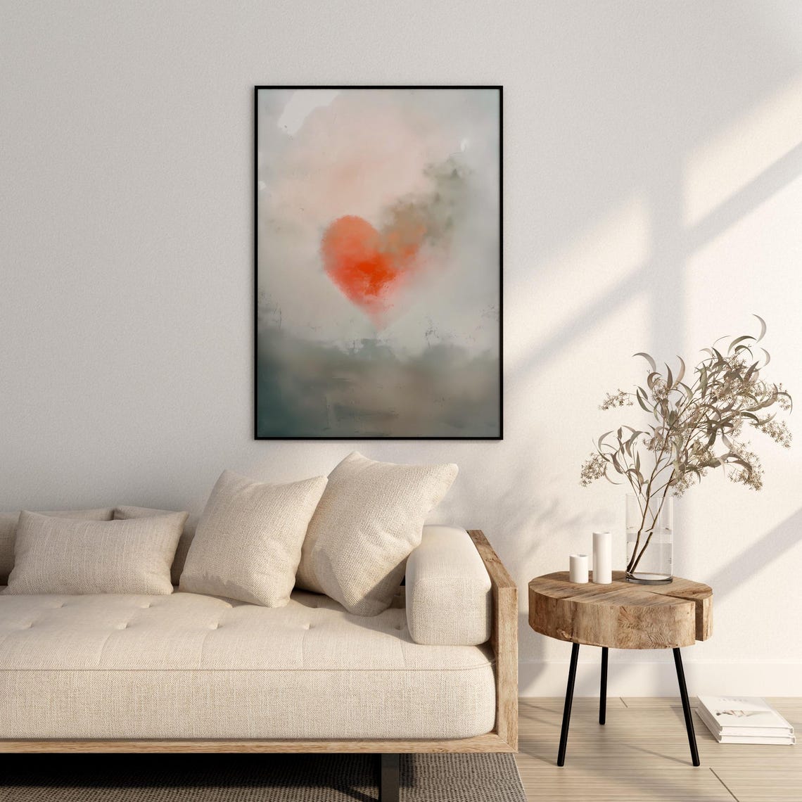 Abstract Red Heart Misty Gray Fog Romantic Minimalist Love Poster