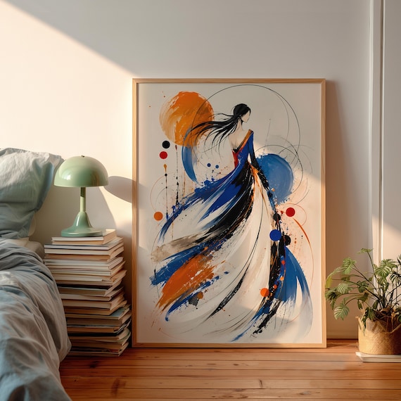 Abstract Fashion Woman Poster Elegant Blue Orange Dress Brushwork