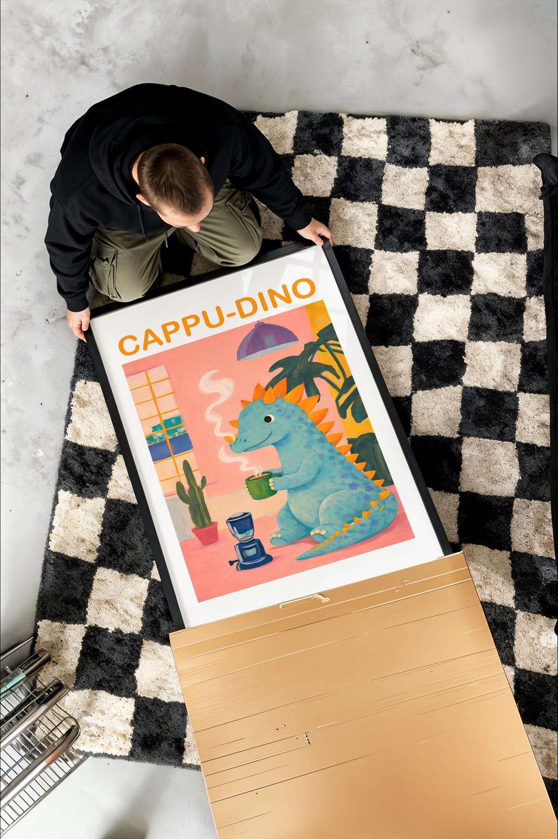 Cappu Dino Cute Blue Dinosaur Drinking Coffee Funny Gift Poster