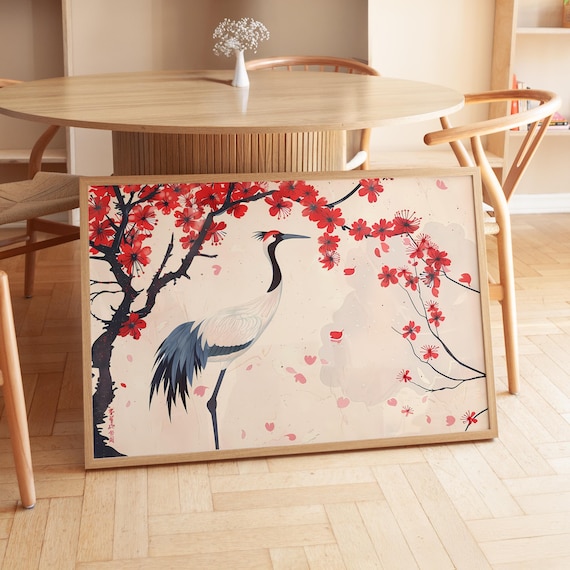 Japanese Crane Poster Zen Wall Art Cherry Blossoms Living Room Decor Red Crowned Homivia Print