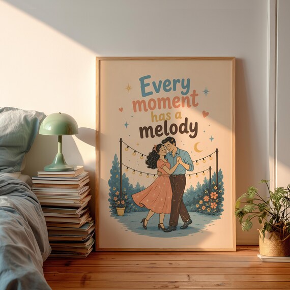Midcentury Modern Lovers Print Cute Music Inspired Wall Decor Aesthetic 50s Style Dancing Art Valentines Anniversary Gift
