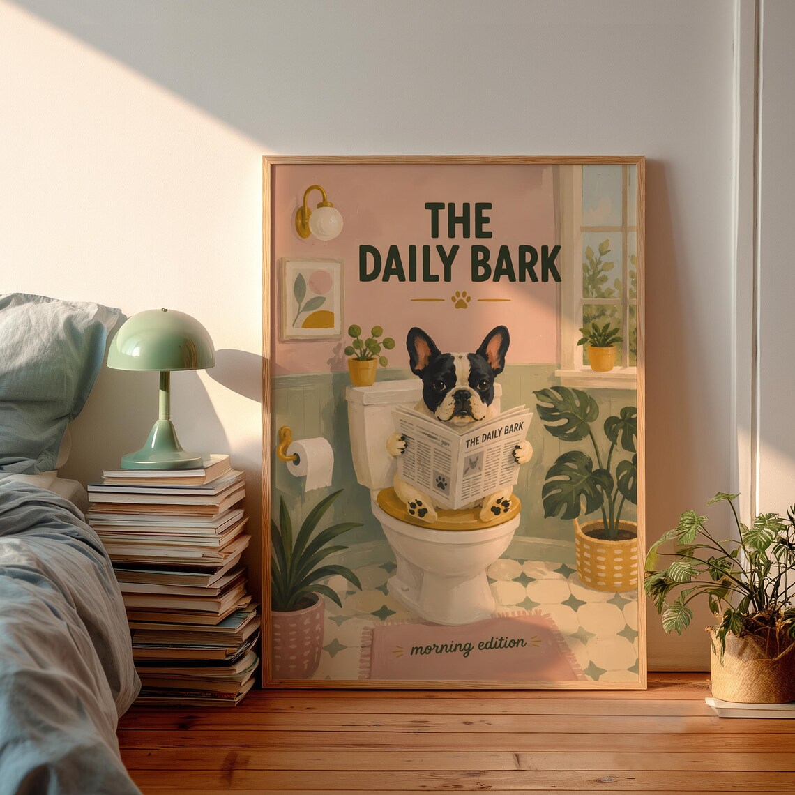 Funny French Bulldog Reading The Daily Bark On Toilet Newspaper Dog Poster