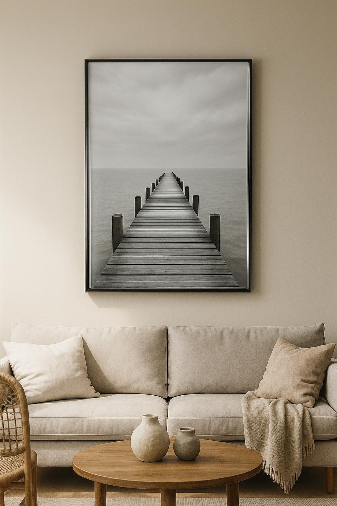 Black And White Wooden Pier Misty Lake Minimalist Photo Poster