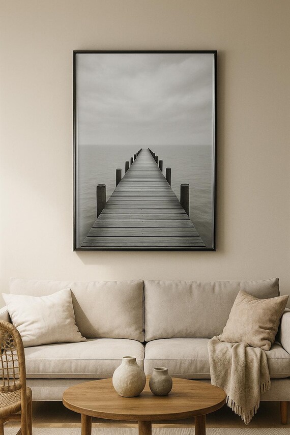 Black And White Wooden Pier Misty Lake Minimalist Photo Poster