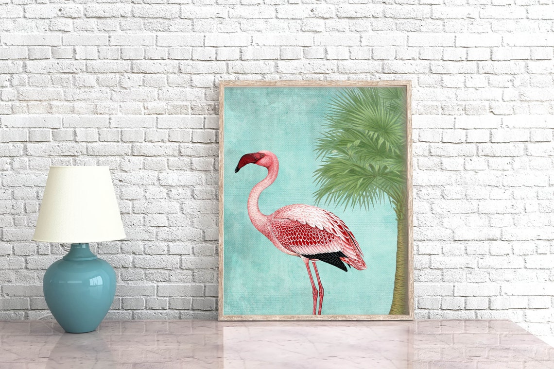Pink Flamingo Palm Tree Tropical Turquoise Botanical Wall Art - Image 3