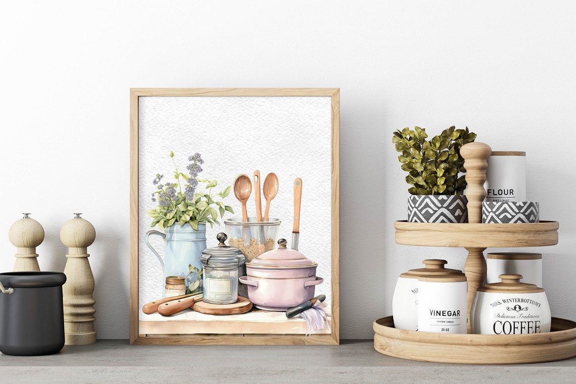 Watercolor Kitchen Still Life Enamelware Pitcher Utensils Home Poster - Image 8