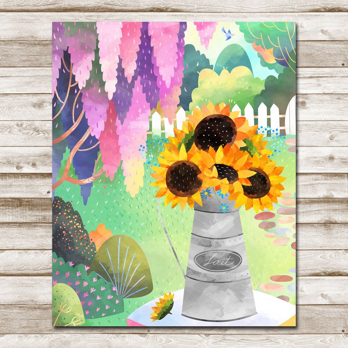 Sunflower Garden Watering Can Wisteria Picket Fence Art Poster - Image 4