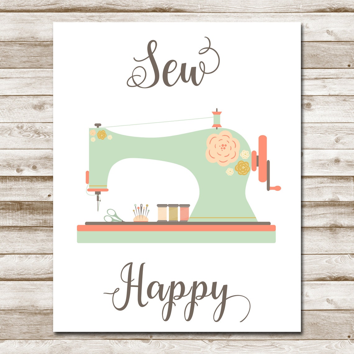 Sew Happy Mint Green Floral Sewing Machine Craft Room Poster - Image 5