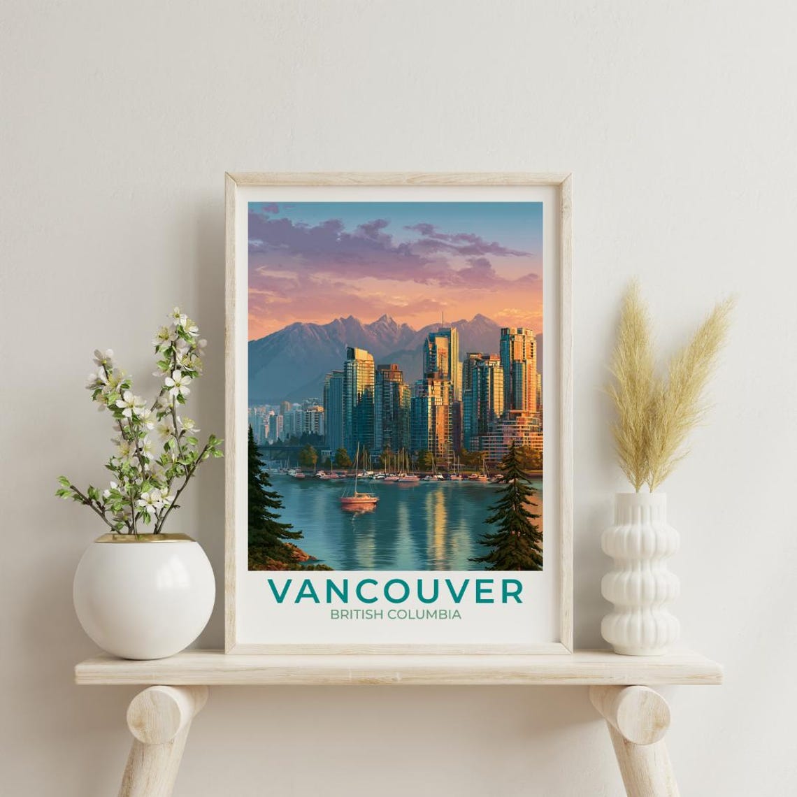 Vancouver British Columbia Sunset Skyline Vintage Travel Art Poster