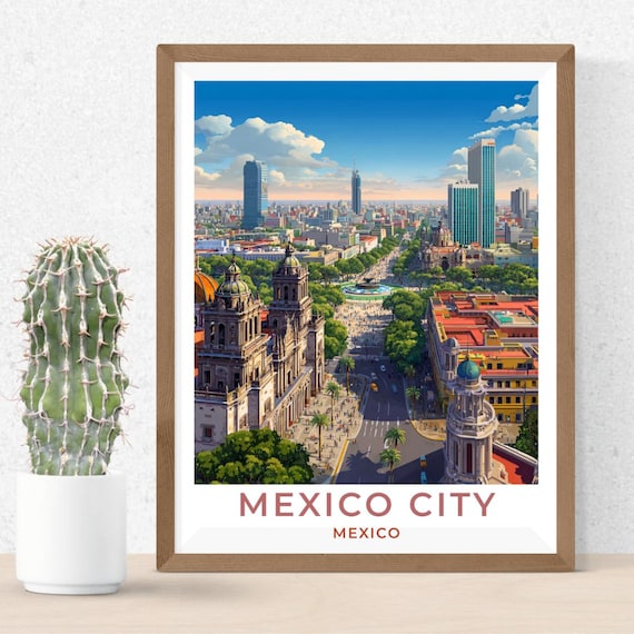 Mexico City Mexico Vintage Style Travel Art Poster Skyline Landmark View