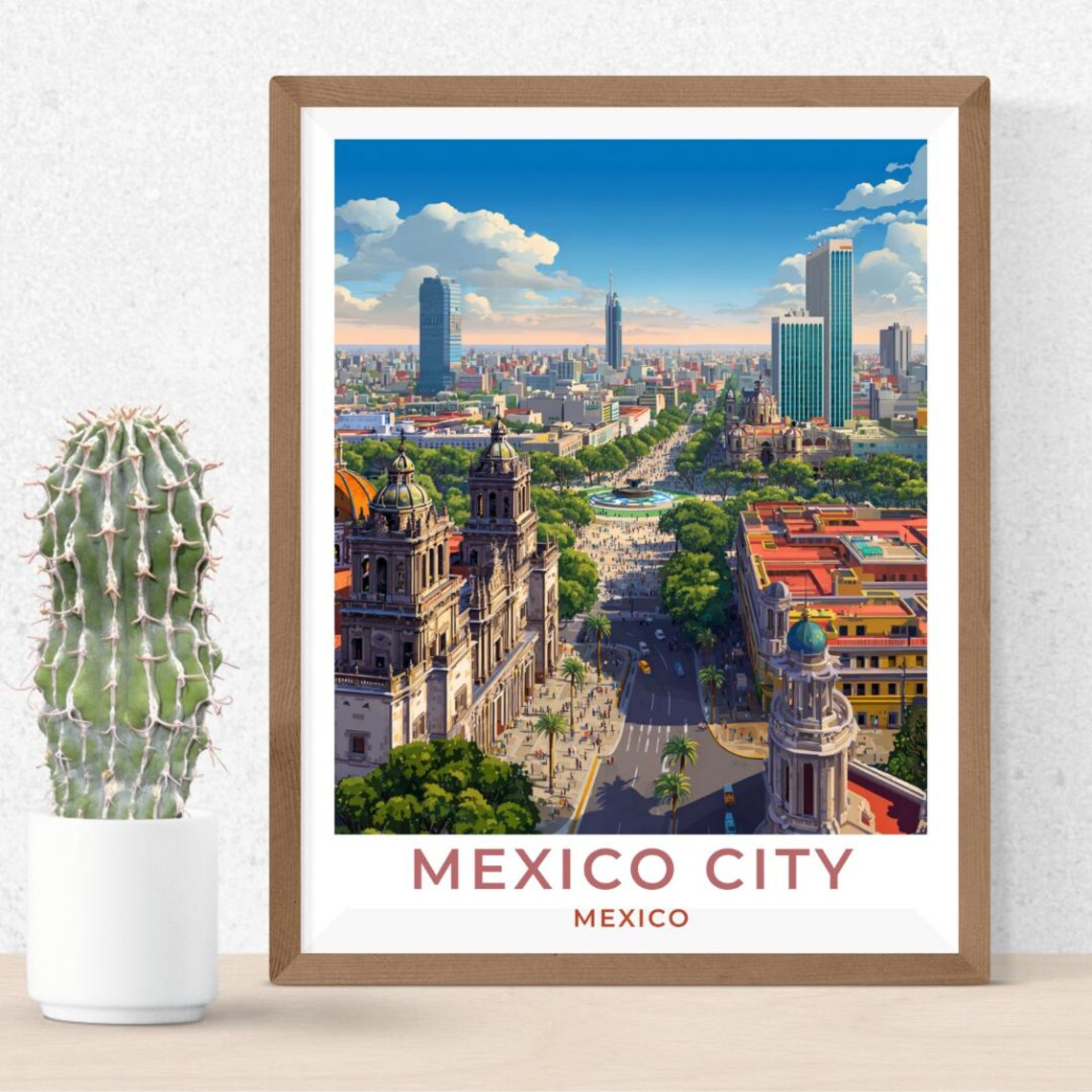 Mexico City Mexico Vintage Style Travel Art Poster Skyline Landmark View