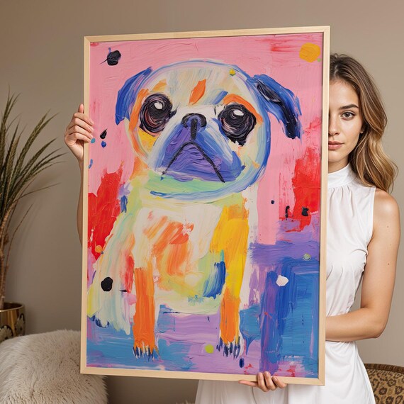 Colorful Neon Pug Expressionist Painting Bold Kids Room Poster