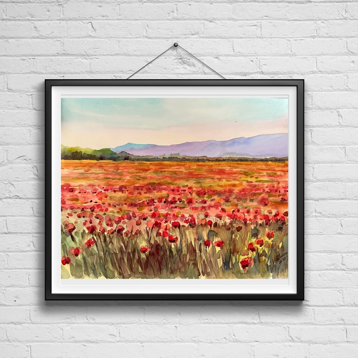 Vast Red Poppy Field Under Purple Mountains Watercolor Poster - Image 4