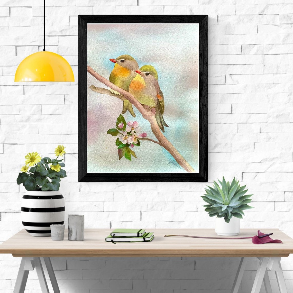 Two Colorful Songbirds on a Blossoming Branch Watercolor Poster