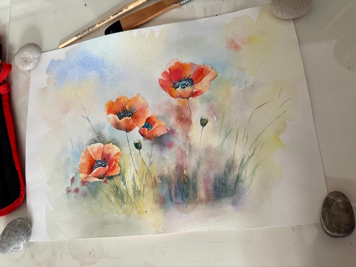 Orange Red Poppies in Soft Misty Morning Light Watercolor Poster - Image 5