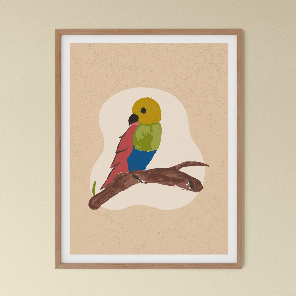 Colorful Parrot Perched on a Branch Against a Beige Poster Art