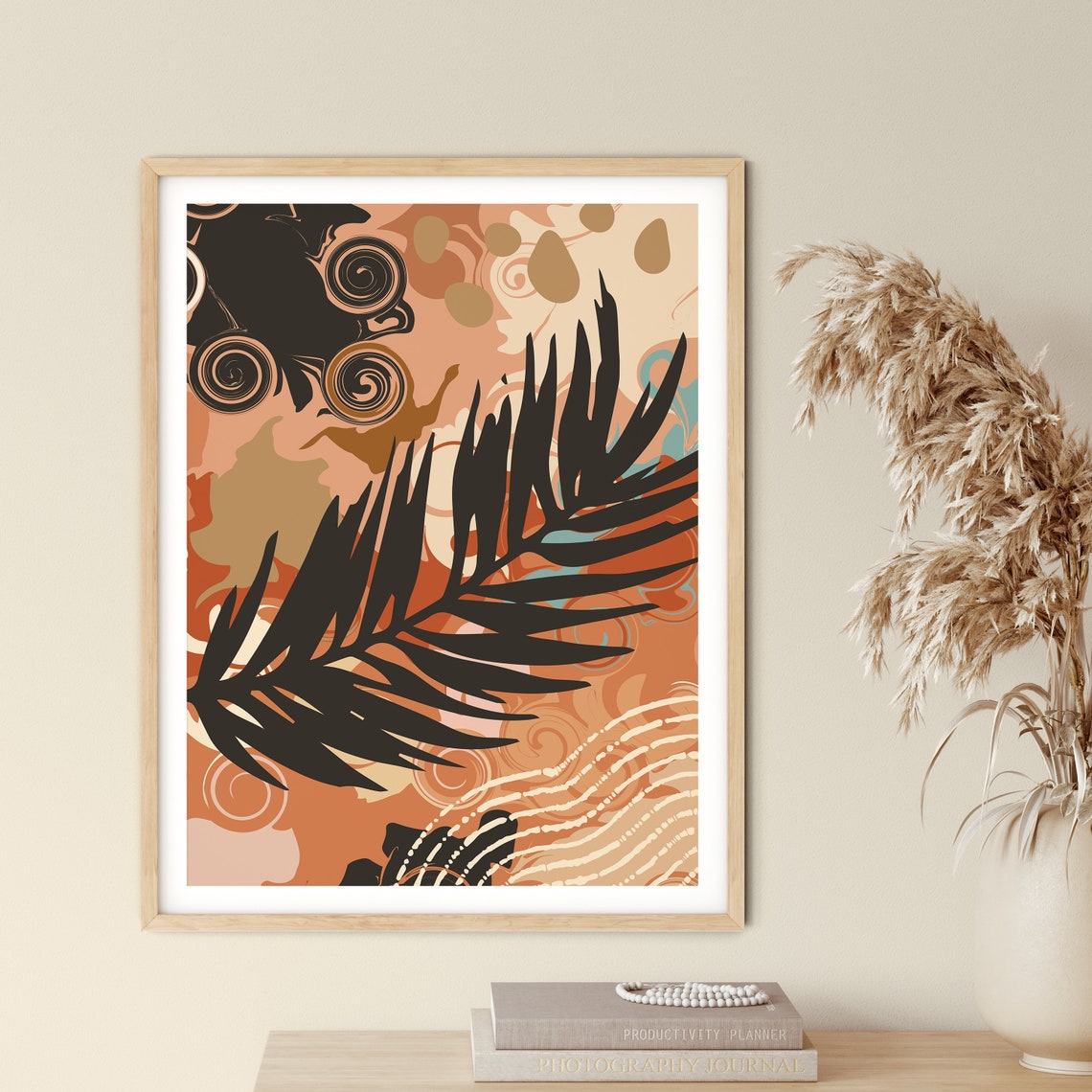 Palm Leaf Silhouette Terracotta Swirl Abstract Nature Art Poster