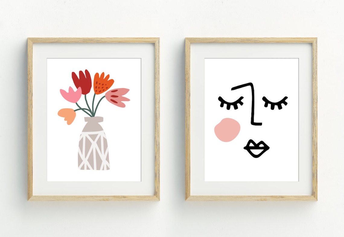 Abstract Tulip Vase Face Line Art Set Of Two Modern Floral Art Poster