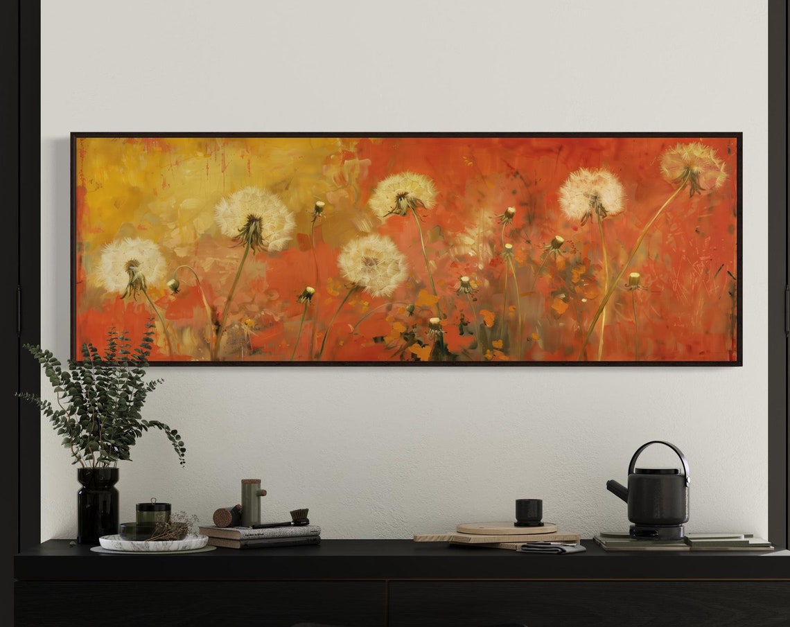 White Dandelion Seed Heads Fiery Orange Panoramic Summer Wall Art