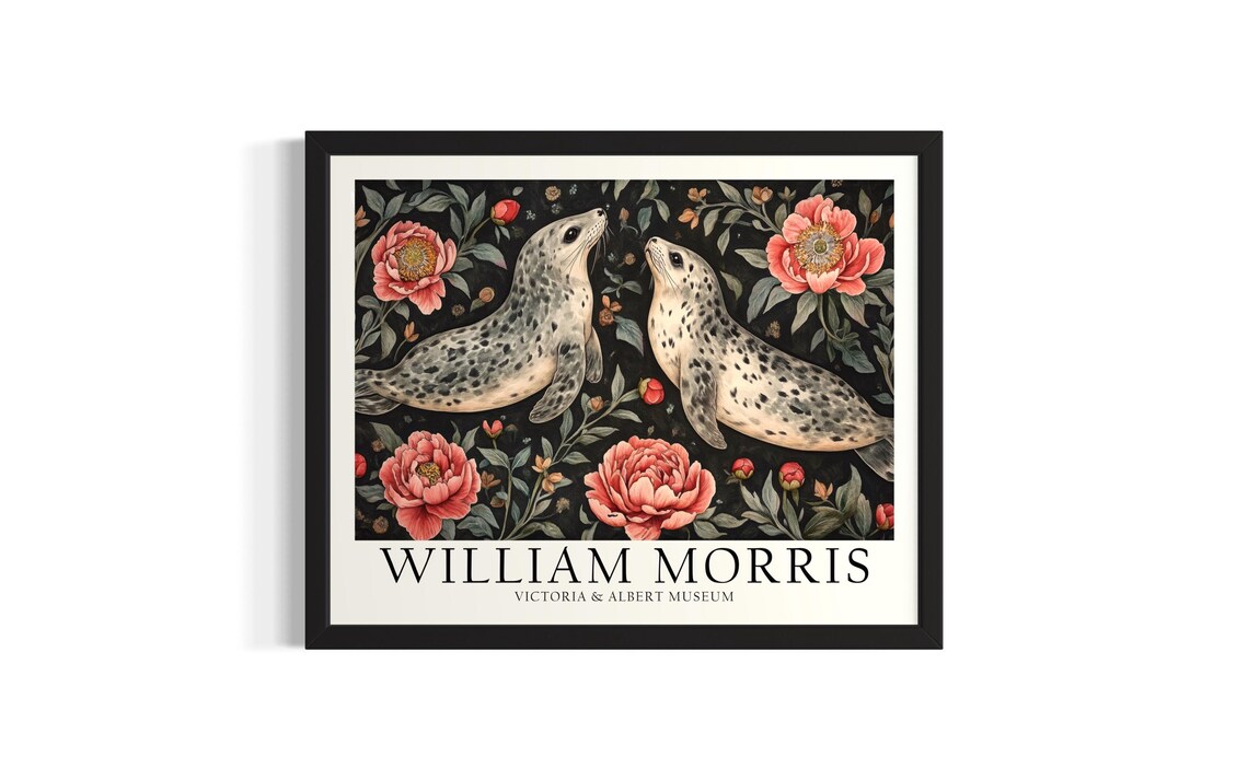 Two Spotted Seals Among Coral Poppies William Morris Art Style Poster