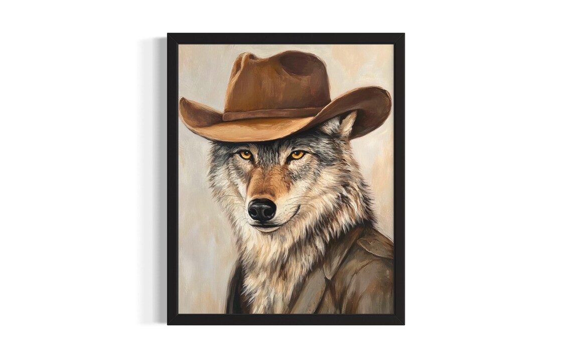 Gray Wolf Cowboy Hat Western Oil Painting Style Portrait Poster