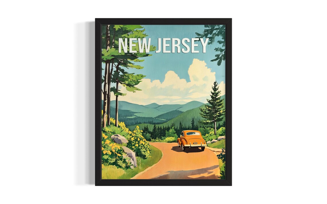 New Jersey Mountain Road Vintage Car Scenic Drive Travel Poster