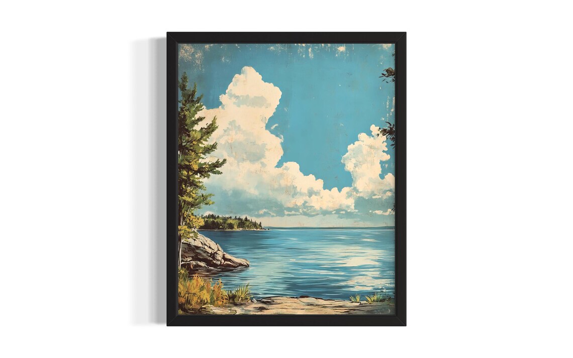 Michigan Lakeside Pines Rocky Shore Vintage Painting Art Poster