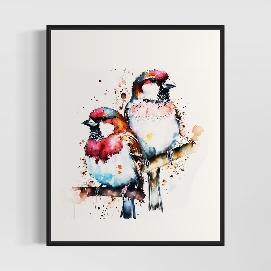 Pair of Finches on Branch Watercolor Painting Songbird Style Poster